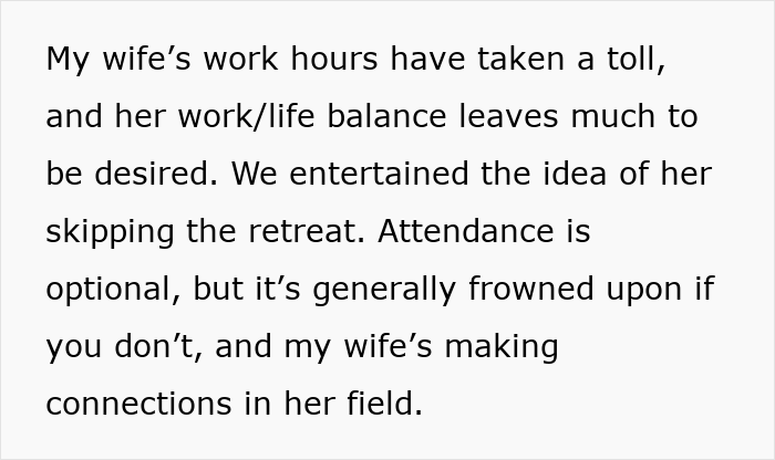 Text describing work-life balance challenges and decisions about attending a retreat.