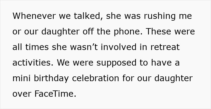 Text message discussing wife's behavior during a work retreat, creating concern for the husband.