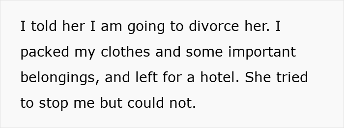 Text about divorce decision with a husband explaining leaving for a hotel after a conflict.