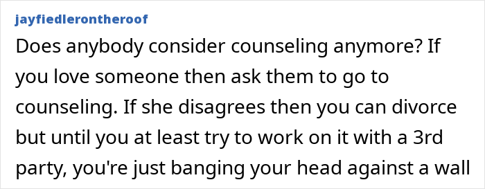 Text comment discussing the importance of considering counseling before proceeding with divorce.