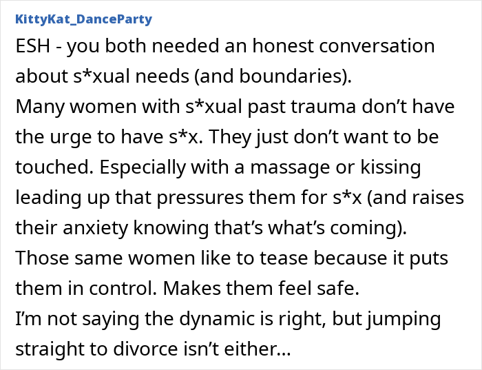 Online comment on relationship issues and intimacy challenges in marriage.