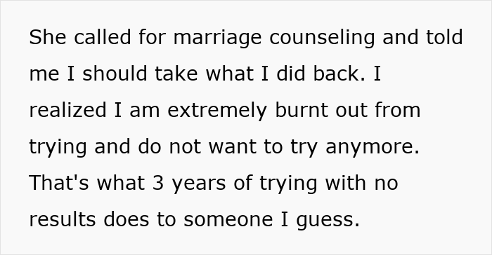Text discusses the burnout and frustration after 3 years of trying in a relationship.