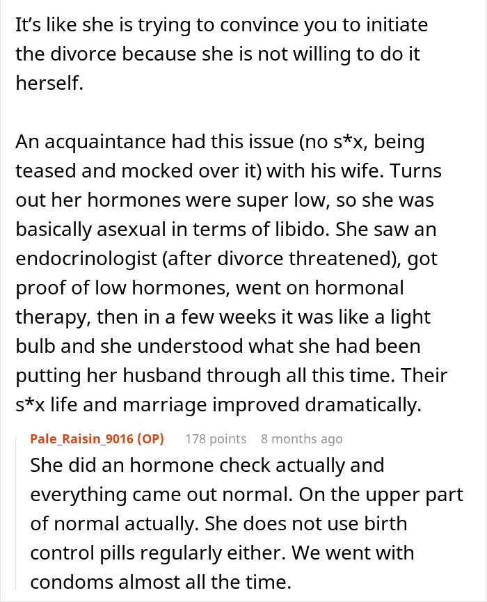 Reddit discussion about a husband filing for divorce due to a dead bedroom, exploring hormonal issues and solutions.
