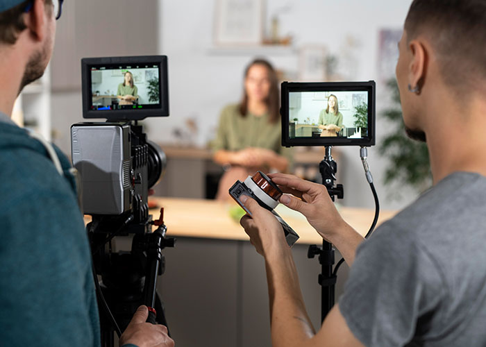 Filming a candidate during an audition, with a film crew setting up cameras in a studio environment.