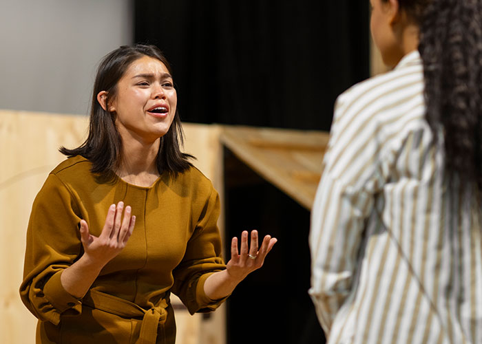 Actress in a dramatic audition scene, wearing a mustard dress, expressing emotion towards another person on stage.