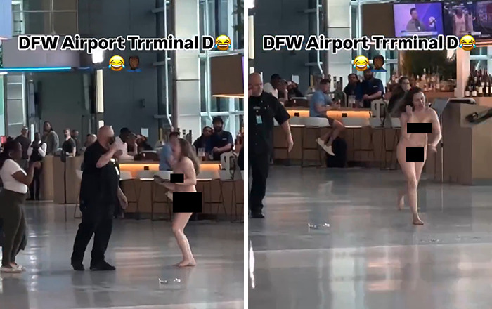 Woman having meltdown at airport, running without clothes, surrounded by onlookers and security in a terminal.