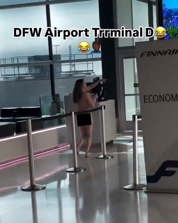 A woman running unclothed through airport terminal, captured on camera during an incident.
