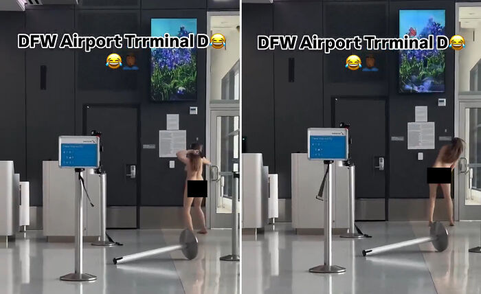 Woman having a meltdown at airport, running in terminal without clothes.