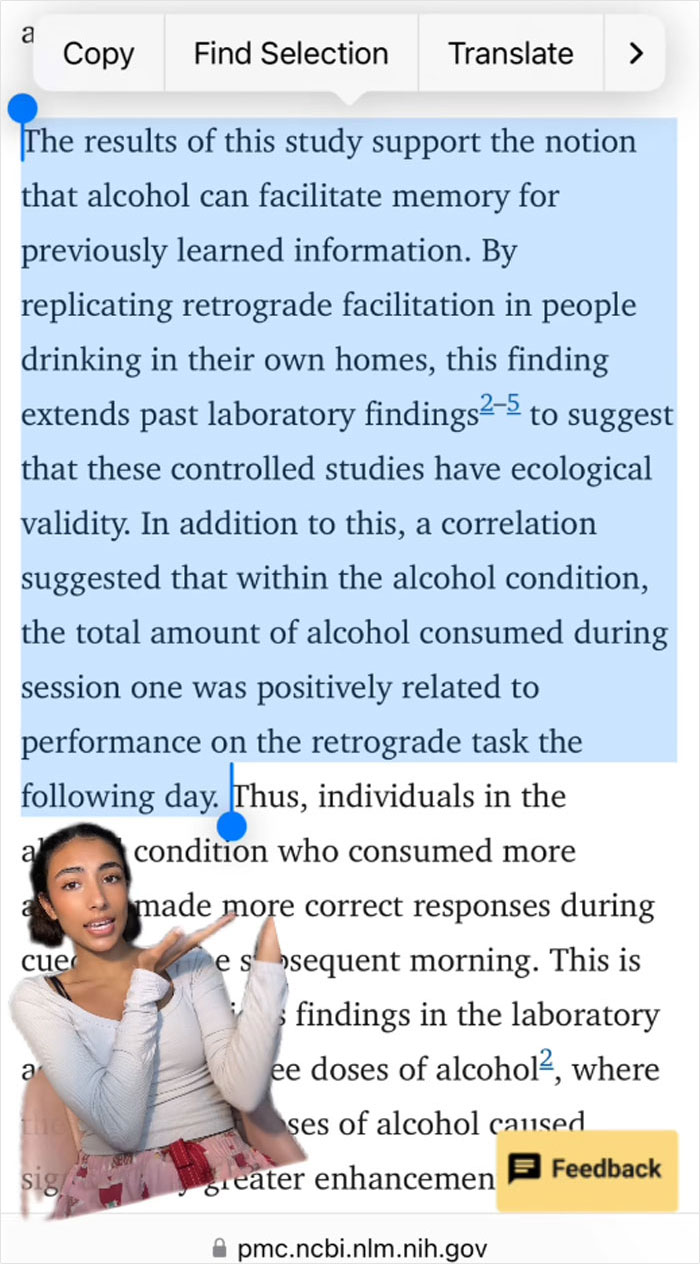 College student discusses study linking alcohol and memory improvement, referencing a scientific article.