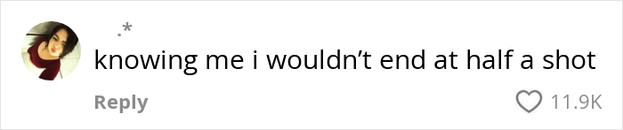 College student comments humorously on pregaming before midterm exam, expressing willingness for more than half a shot.