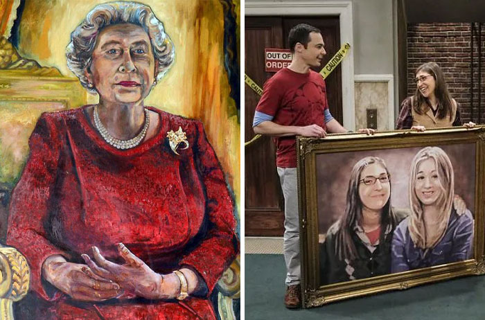 Woman holding a painting, unknown artist in red dress, depicting two women; unsold paintings causing upset. Woman holding a painting, unknown artist in red dress, depicting two women; unsold paintings causing upset.