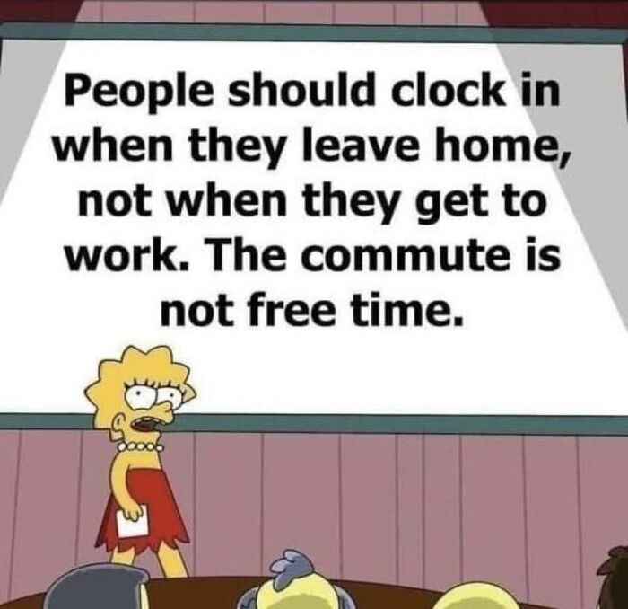 Cartoon character presenting a funny work meme about clocking in and commutes on a screen.