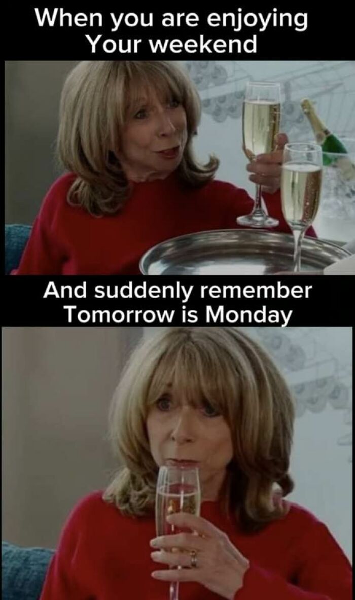 Woman in red sweater enjoying champagne, realizing it's Sunday night. Funny work meme about weekend ending and Monday looming.