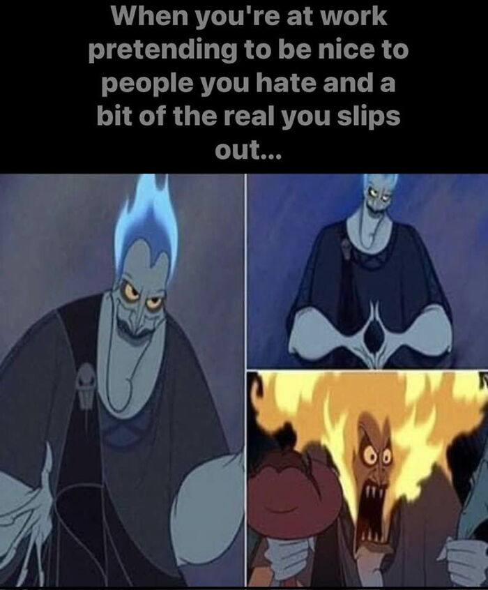 Cartoon character with blue flames humorously showing frustration at work; funny meme about workplace burnout.