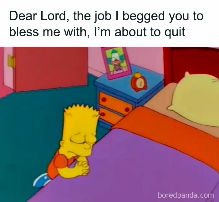 Cartoon character kneeling by bed, humorously praying about quitting work, reflecting funny work memes theme.