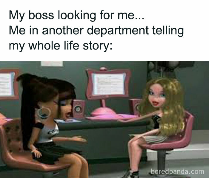 Two dolls in an office setting, illustrating a funny work meme about avoiding the boss.