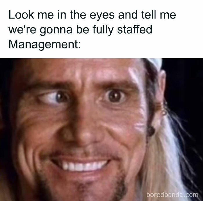 Funny work meme showing a person making a skeptical, cross-eyed expression about staffing.