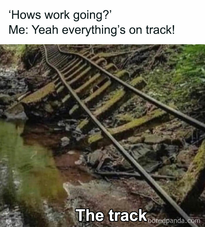 Dilapidated train tracks with a humorous work meme about everything being "on track" despite appearances.