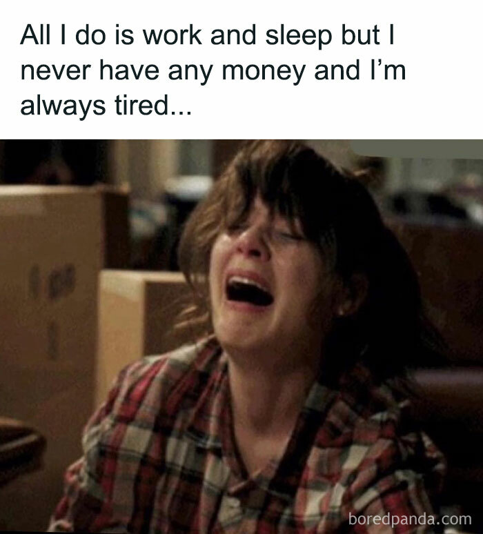 Woman in a plaid shirt looking stressed and exhausted, embodying a funny work meme about burnout and tiredness.