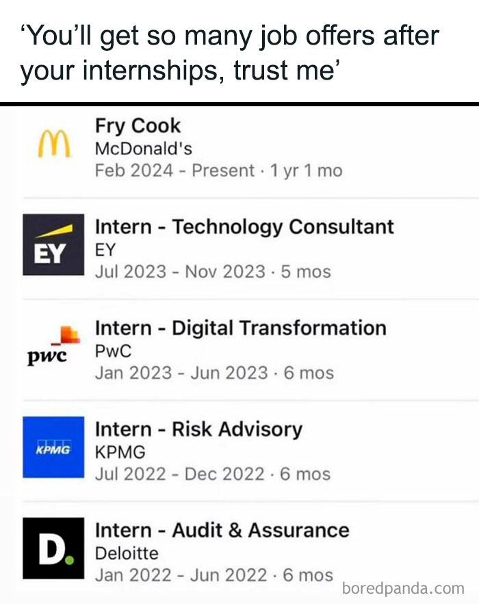 Work-related humor meme showing internships leading to a fry cook job, highlighting job offer expectations.