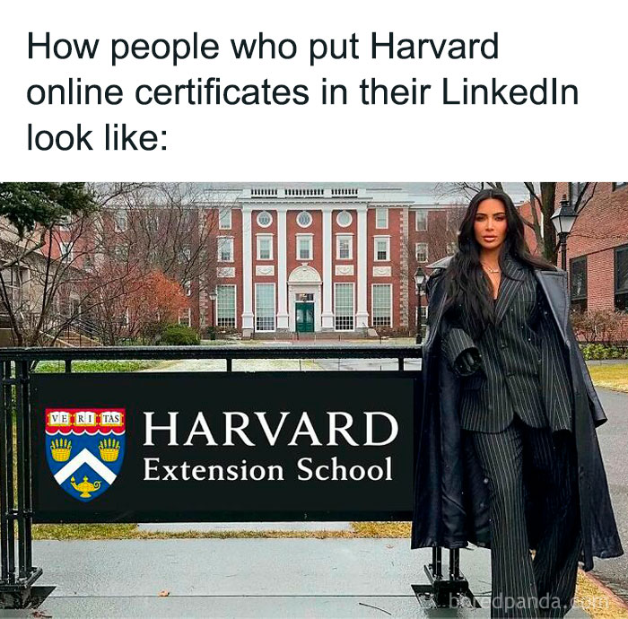 Humorous meme of a person posing next to a Harvard Extension School sign, highlighting work-related humor.