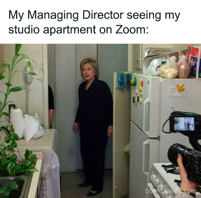 Humor about a managing director's reaction to a studio apartment on a Zoom call, with a surprised expression.