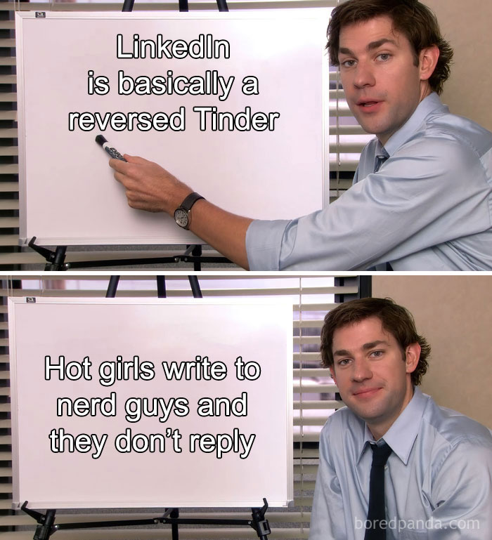 Man in office attire humorously comparing LinkedIn to a reversed Tinder on a whiteboard, showcasing work-related humor.