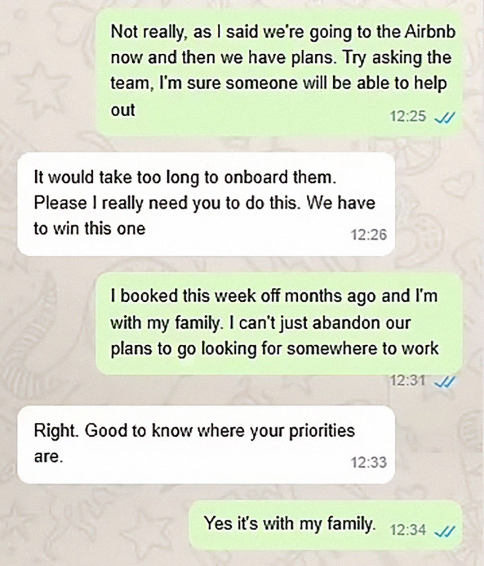Texts between employee and boss about family priorities during vacation.
