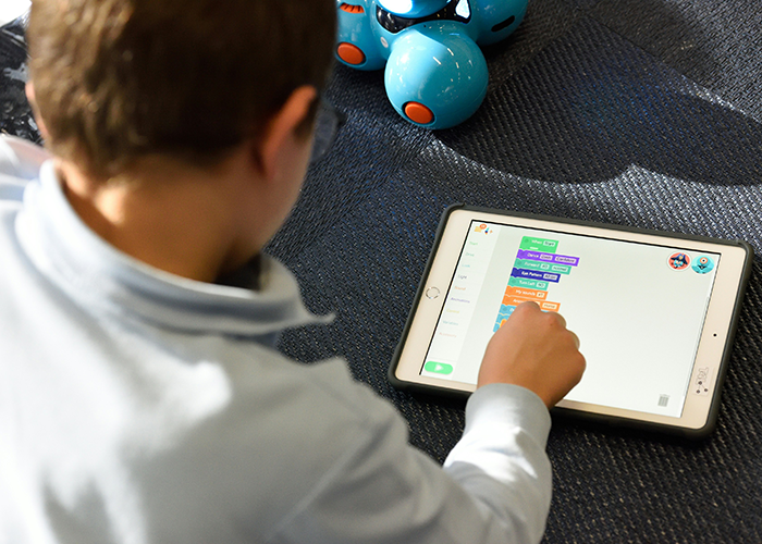 Child using a tablet on a carpet, engaging with educational content, illustrating concepts of gentle parenting and technology use.