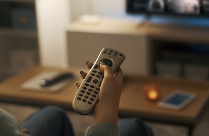 Hand holding a TV remote in a cozy living room setting.