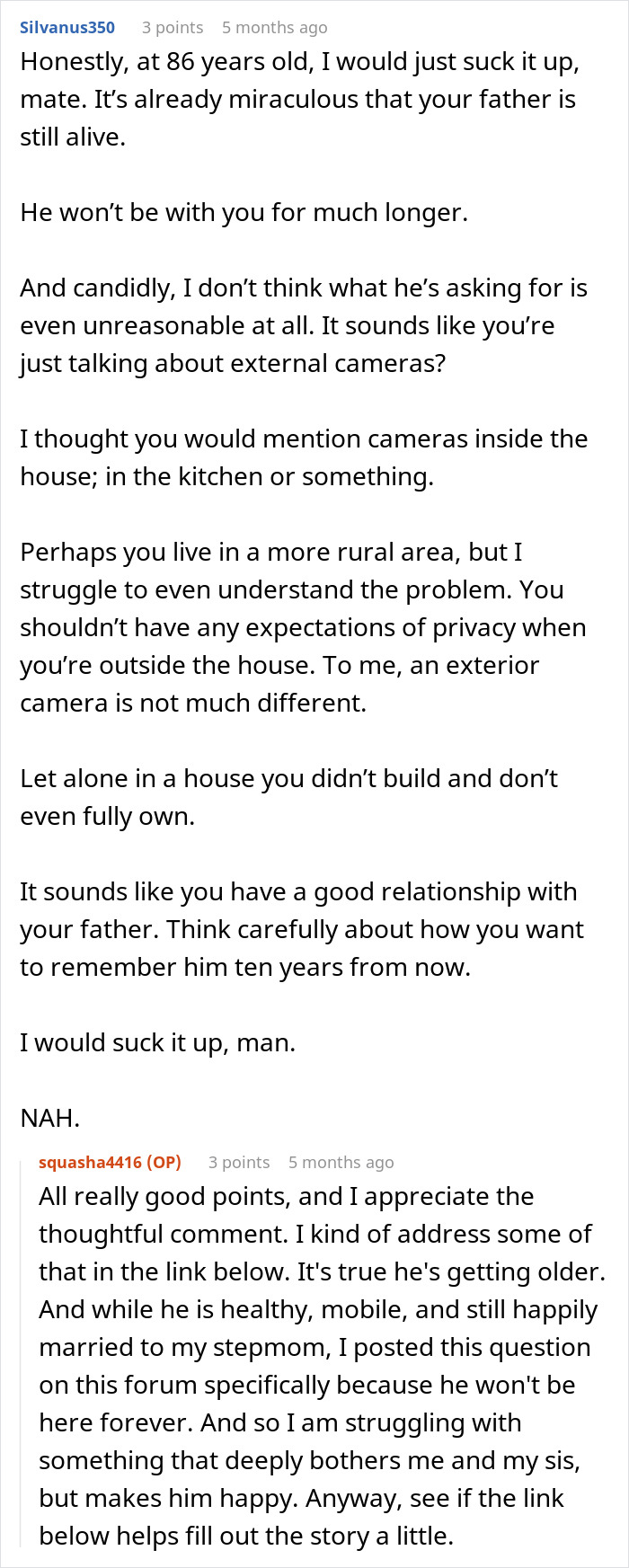 Reddit discussion on turning off vacation house security cameras, elderly father, privacy concerns.