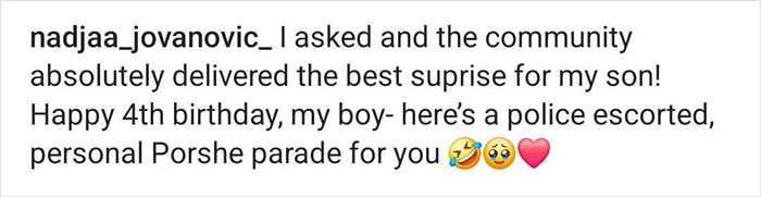 Mom praises community surprise for son's birthday with a personal Porsche parade, police escorted, in an Instagram post.