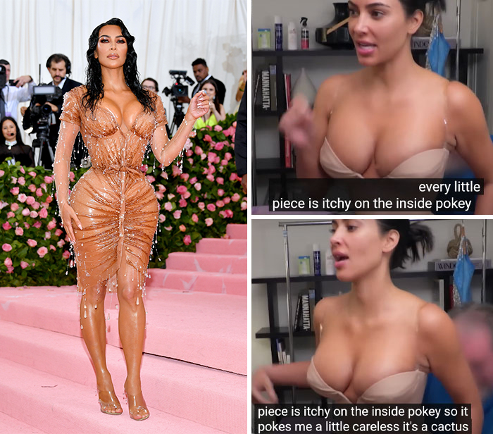 Celebrity in a fitted, n**e dress on the red carpet, sharing discomfort from the outfit's pokey interior.