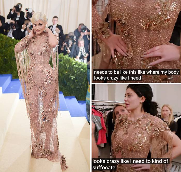 Celebrity in an ornate gown on the red carpet, adjusting the fit, showcasing fashion challenges.