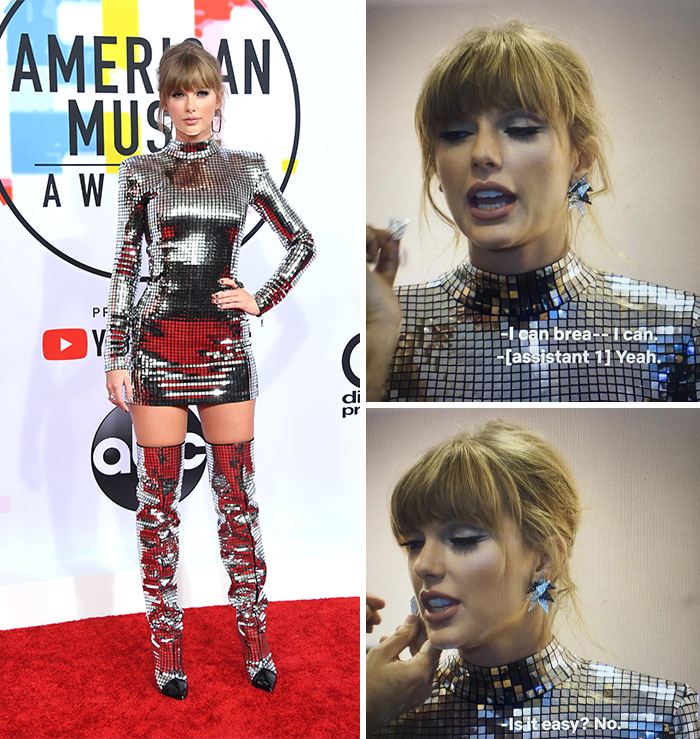 Celebrity in dazzling silver outfit on the red carpet, showing the struggles faced for the sake of fashion.