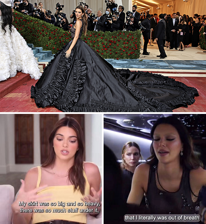 Celebrity in elaborate gown on red carpet, discussing the challenges of wearing fashion for events.