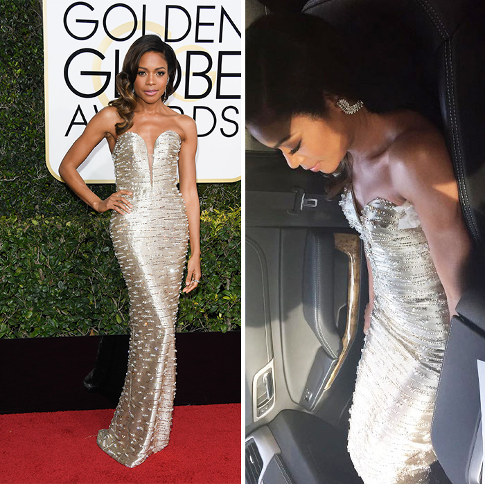 Celebrity in stunning red carpet gown, showcasing fashion dedication while posing elegantly and seated in a car.