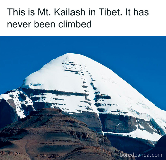 Snow-covered Mt. Kailash in Tibet under a clear blue sky, an interesting fact for Easter lunch discussions.