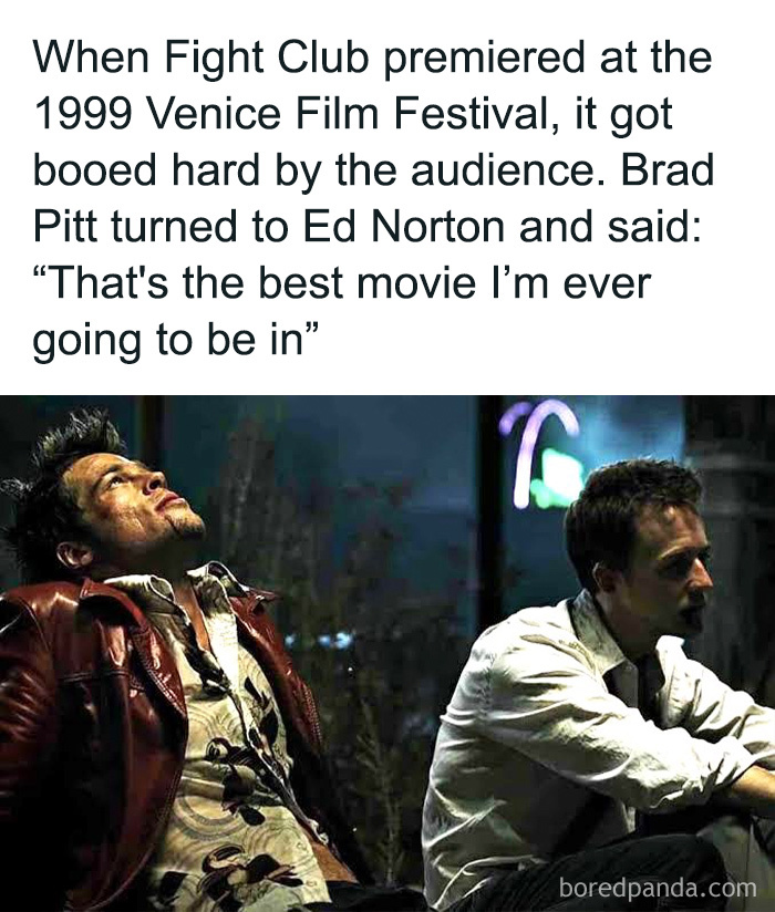 Scene from Fight Club with text about its 1999 Venice Film Festival premiere.