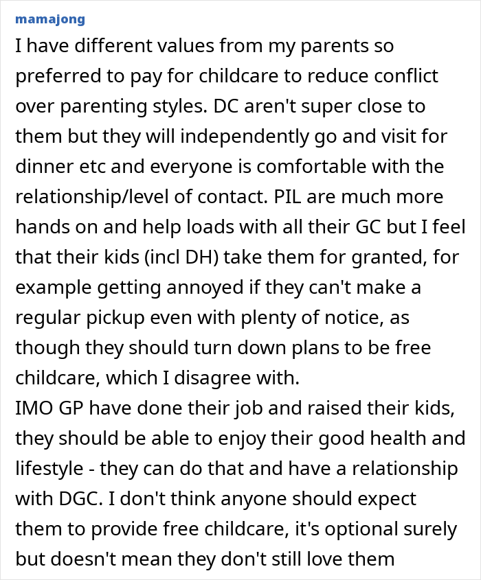 Text discussing modern grandparenting double standards, emphasizing childcare expectations and independence.