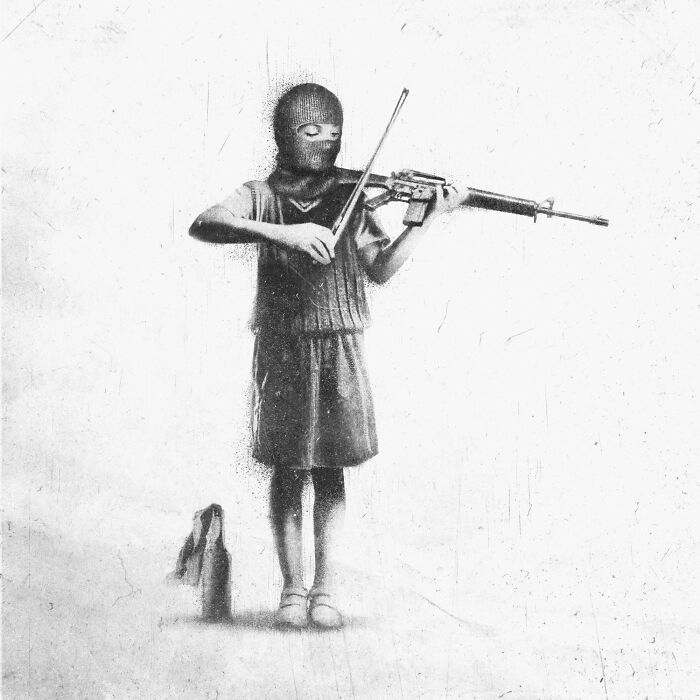 A child in a balaclava plays a rifle like a violin, symbolizing modern madness.