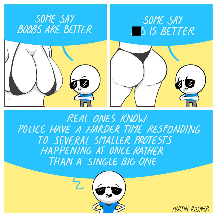 Comic panel illustrating a humorous take on human nature preferences, with characters debating and a witty commentary on protests.