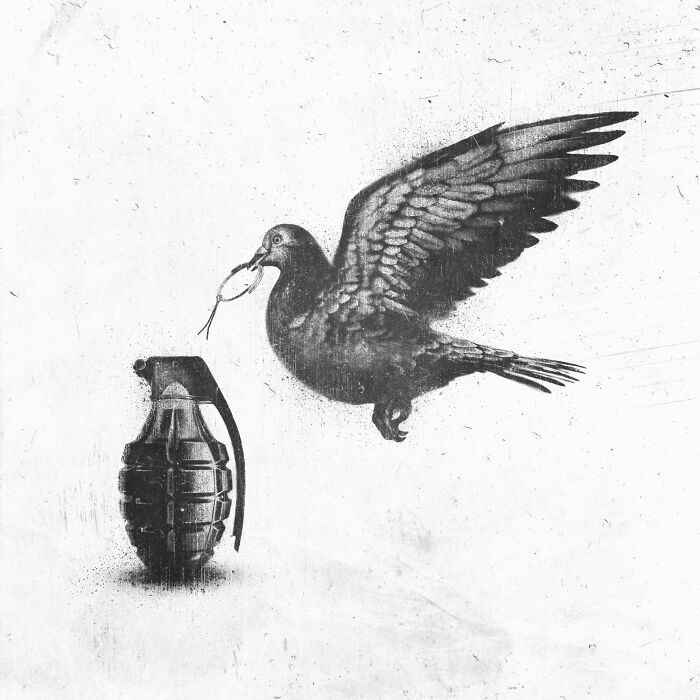 A dove flies holding a g*****e pin, symbolizing modern madness in this artwork.