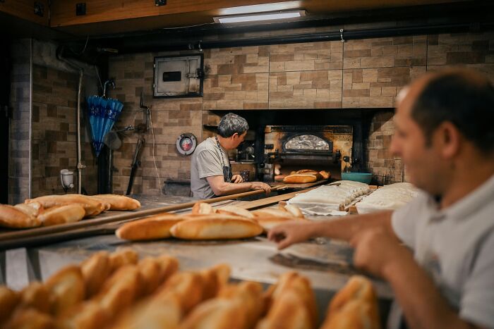 Two bakers working with bread in a traditional bakery, illustrating things that look awesome in movies but are terrible in real life.