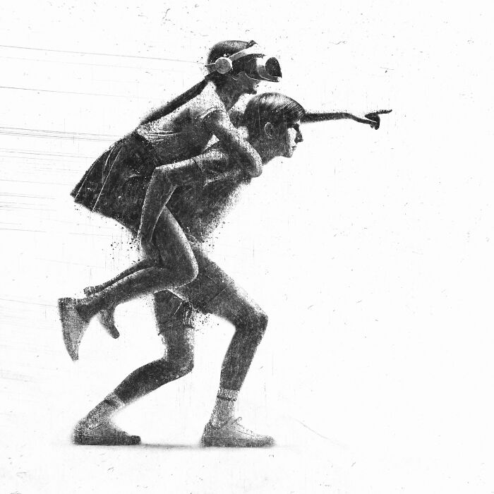 A surreal artwork depicting one person giving another a piggyback, wearing VR goggles, symbolizing modern-day madness.