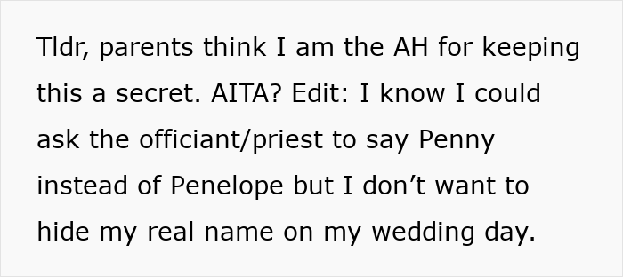 Text discussing family reaction to keeping a name change secret for years, with concerns about using real name at a wedding.