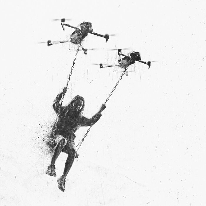 A person swings from drones, capturing the madness of our times in a surreal artwork.