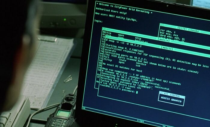 Close-up of a computer screen showing hacking software, illustrating things that look awesome in movies but are terrible in real life.