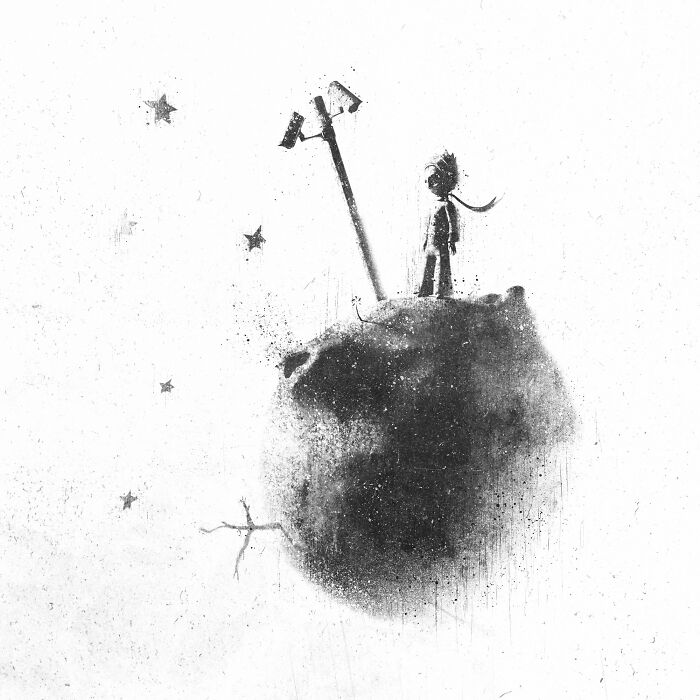 Artwork depicting surreal scene with figure on a small planet, highlighting modern madness through whimsical imagery.