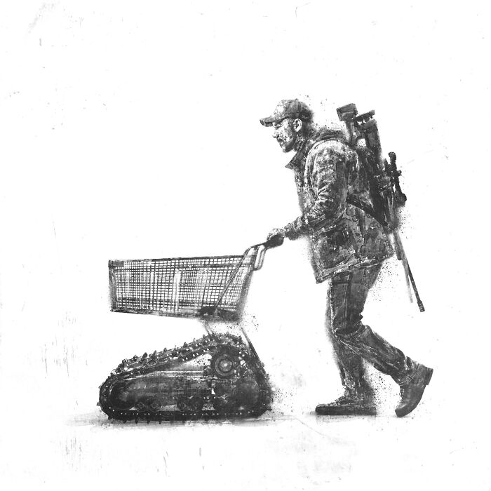 A man with a futuristic rifle pushes a shopping cart with tank-like wheels, symbolizing the madness of our times.